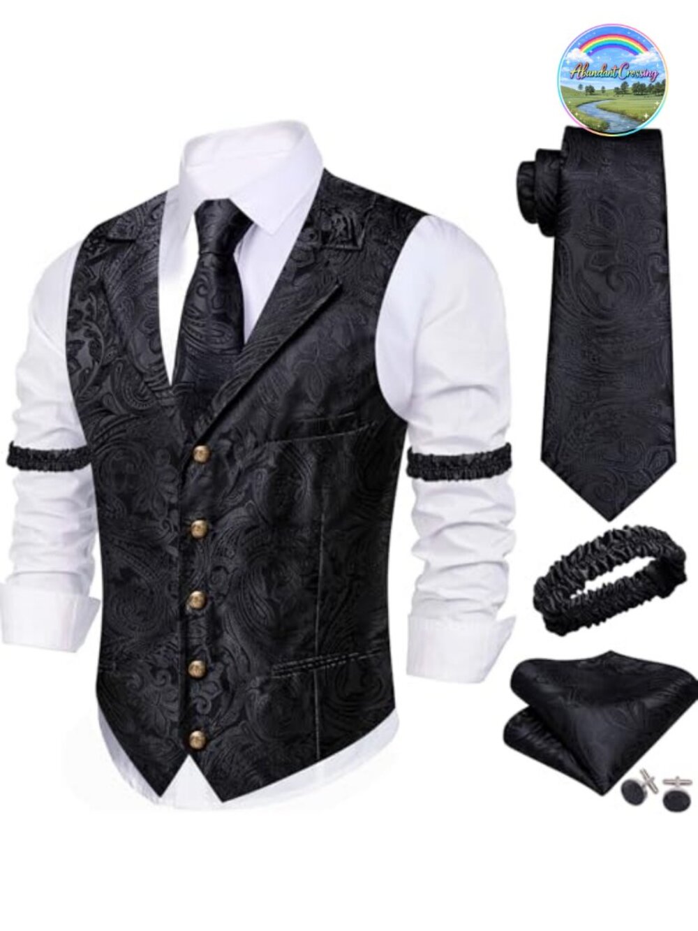 Mens Silk Paisley Floral Suit Vest Tie Set 5PC Waistcoat Cufflinks Formal